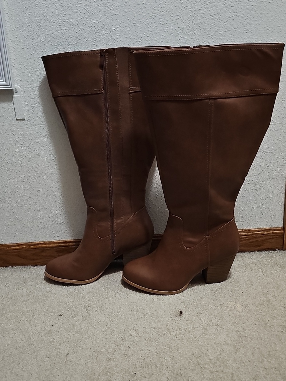 Brown Faux Leather Knee-High Heeled Boots